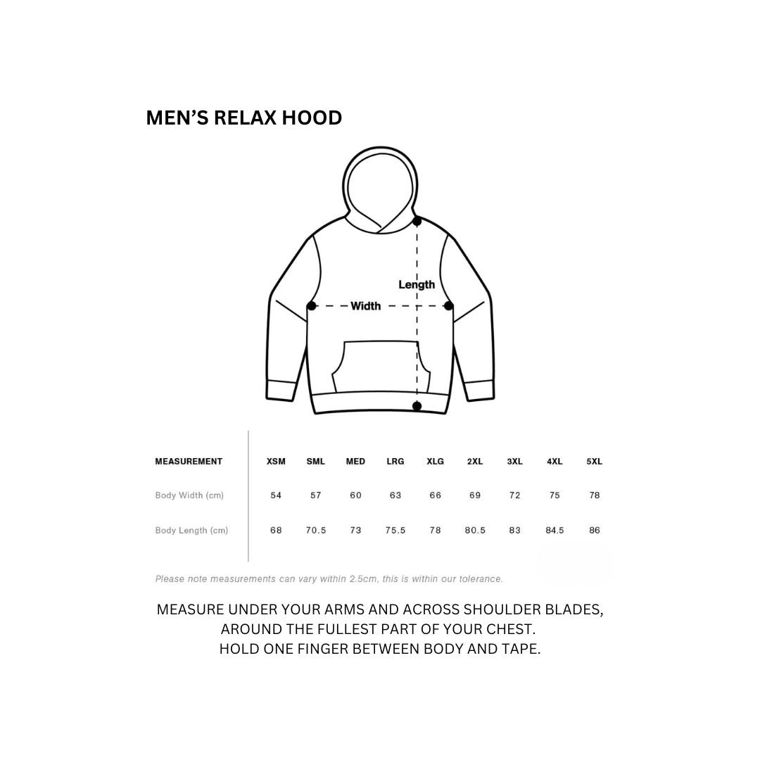 Measurement chart for men's relax hood with a hoodie illustration and size guide.